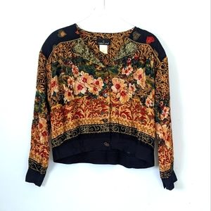 Vintage Carole Little Rayon Earthtone Floral Cardigan Blouse